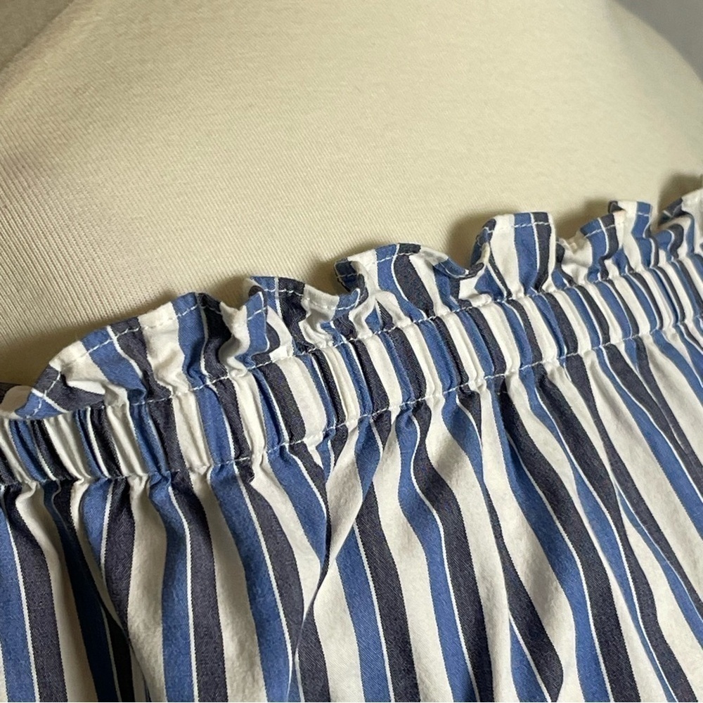 Trina Turk Off Shoulder Blue White Striped Pom Pom Blouse Top Size Small - Picture 6 of 13